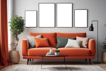 Stylish scandinavian living room interior with design mint green sofa, furnitures, mock up poster, plants, and elegant personal accessories