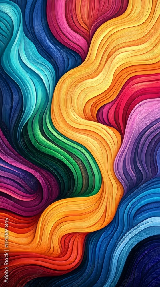 Poster a vivid abstract design featuring flowing waves of colorful textures, creating a dynamic and energet