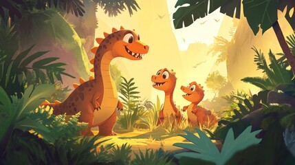 Obraz premium A Prehistoric Family Portrait: Three Adorable Dinosaurs in a Lush Jungle Setting