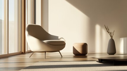 Minimalist modern lounge with refined decor. Featuring clean lines and muted colors