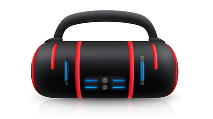 A modern portable Bluetooth speaker featuring a sleek black design with vibrant red accents.