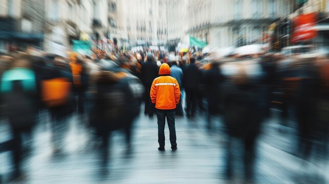 A solemn worker amidst the chaotic movement of protesters on international labour day