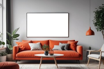 Stylish scandinavian living room interior with design mint green sofa, furnitures, mock up poster, plants, and elegant personal accessories