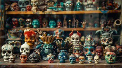 Colorful Ceramic Skulls and Art in a Market Display