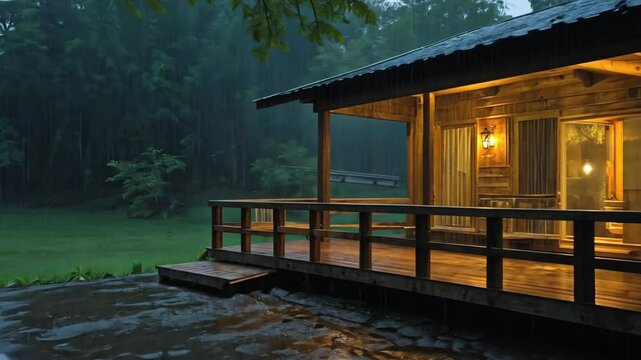 wooden old house in the forest rainy weather at night