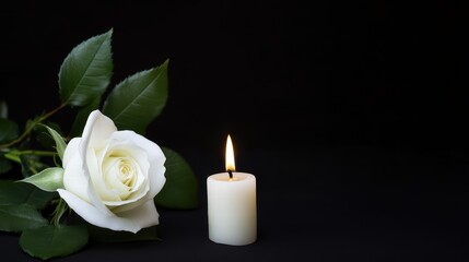 Elegant White Rose and Candle on Dark Background for Serenity Mood