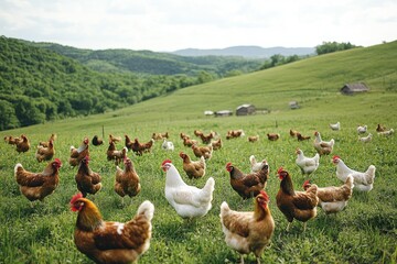 Free range chickens pecking and grazing on green pasture