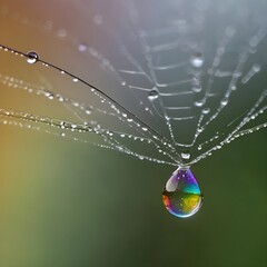 Macro photo of a single rain droplet clinging to a spider web, reflecting a miniature rainbow in natural lighting,Generative Ai
