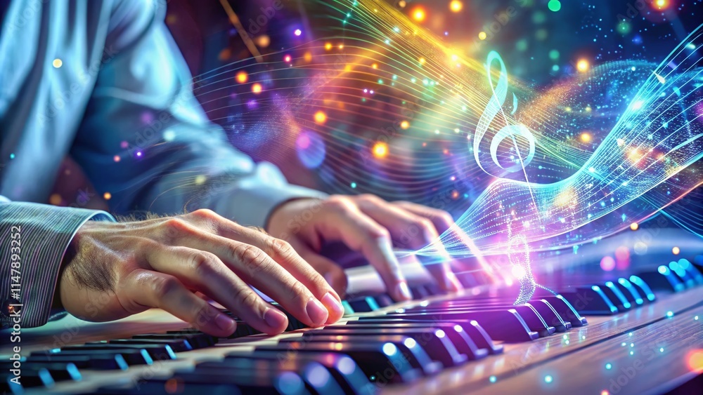 Poster holographic hands coding: binary code, music, full stack development