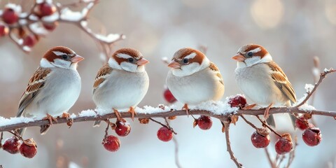 Four sparrows sitting on snowy branch with red berries in winter