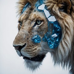 A lion encased in a blue crystal against a stark white background.