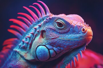 Fototapeta premium Colorful iguana posing in vibrant neon light