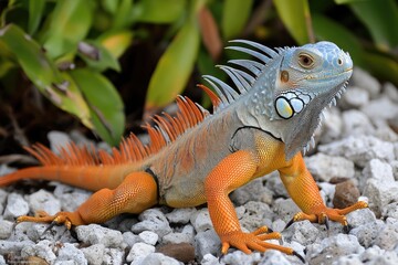 Obraz premium Orange and blue iguana resting on rocks