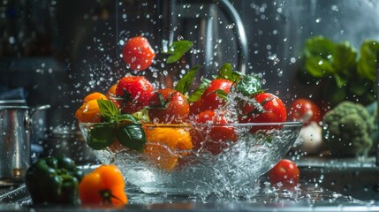 Fresh Fruits and Vegetables Being Washed with Water