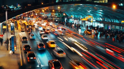 Lively urban landscape  diverse crowd amidst bustling traffic and dynamic city life