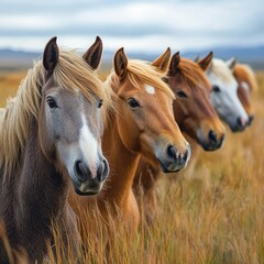 Obraz premium Icelandic horses standing in tall grass, iceland