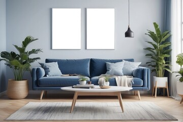 Stylish scandinavian living room interior with design mint green sofa, furnitures, mock up poster, plants, and elegant personal accessories