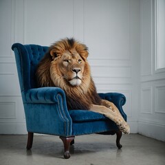 A lion sitting in a blue velvet chair in a white room.