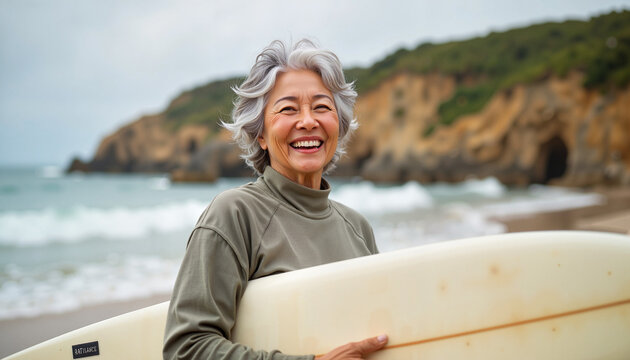 Joyful granny riding the waves at a picturesque beach, embracing the thrill of surfing in the morning light