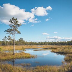 Fototapeta premium Empty swamp with ponds, pines, and blue sky