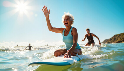 Granny the surfer celebrates life on a sunny day at the beach, riding the waves with joy and enthusiasm