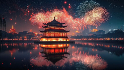 Obraz premium Fireworks and Festivities Photograph of Chinese new year fireworks celebrations on the chinese temple background