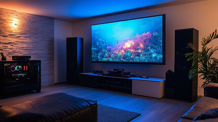 Gaming setup with a projector screen and a stealth-black, high-performance PC