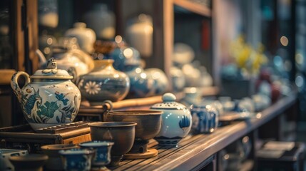 Tea Sets and Porcelain on Display in a Market