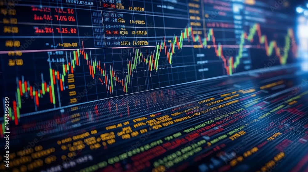 Poster a vibrant display of a stock market chart filled with candlestick patterns, indicators, and fluctuat