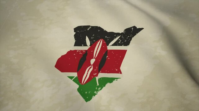 Wavy Map of KENYA with Flag in Body Isolated on Vintage Background