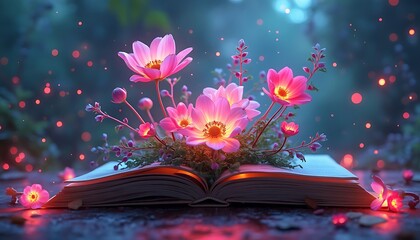 Enchanting Pink Flowers Open a Book at Night