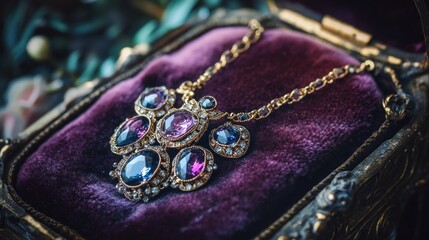 Fototapeta premium A Victorian necklace with sparkling gemstones, resting on a velvet jewelry box 