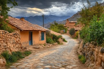 Fototapeta premium Cobblestone street in a mountain village under dramatic sky.
