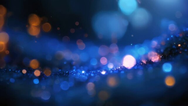 Brightly lit blue and yellow lights are shining brightly in the dark