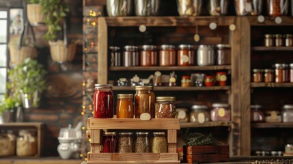 Obraz premium Rustic Shelves Filled with Jars and Bottles in Store