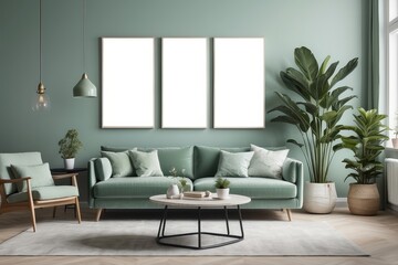 Stylish scandinavian living room interior with design mint green sofa, furnitures, mock up poster, plants, and elegant personal accessories