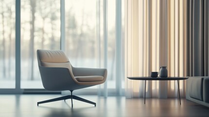 Minimalist modern lounge with refined furniture. Featuring a sleek, open layout