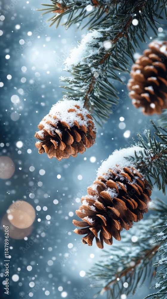 Poster Pine cones covered with snow hanging on a fir branch during a snowfall with bokeh effect