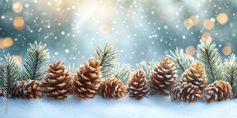 Poster christmas background with snow, pine cones and red ornaments falling snow and bokeh lights