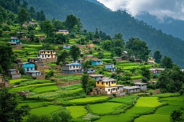 Colorful houses on terraced hillside with green rice paddies.