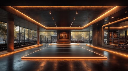 Modern, dimly lit boxing gym with dark walls, large windows, and an orange-lit boxing ring.