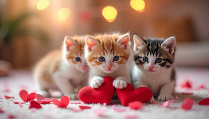 Three adorable kittens holding a plush red heart surrounded by heart-shaped decorations for Valentine's Day