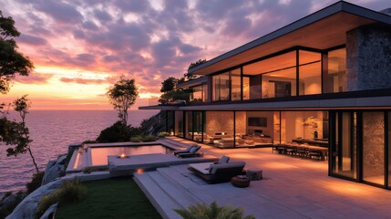 Fototapeta premium Modern luxury cliffside villa overlooking tranquil ocean at sunset