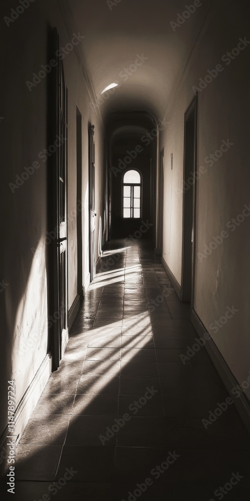 Canvas Prints a long hallway with a window in the middle. the light is shining on the floor. there are two doors o