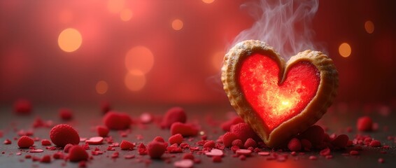 Obraz premium Heart shaped cake on black romantic background. Valentine's Day concept