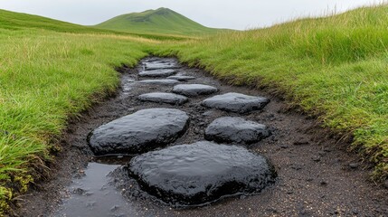 Stone Path Across a Lush Green Meadow Leading to a Distant Hill