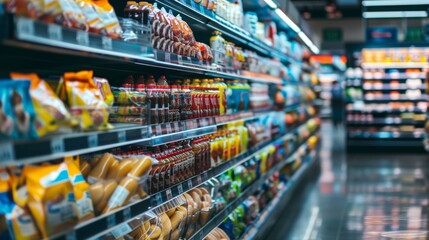 Fototapeta premium Supermarket Aisle with Colorful Snack Displays