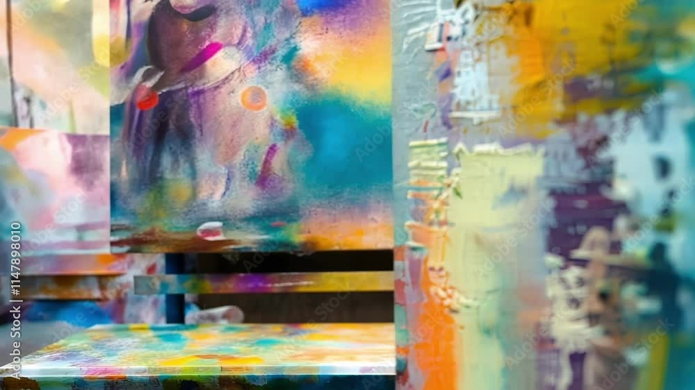 Poster abstract view of an art studio open house with colors and shapes blending together.