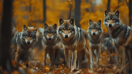 Obraz premium Wolf pack standing in the autumn forest