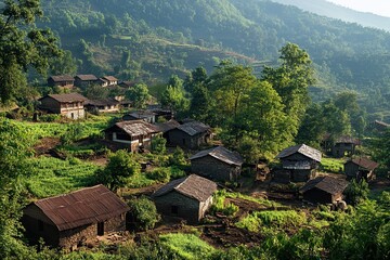 Hillside village at sunrise, showcasing traditional homes and lush greenery.